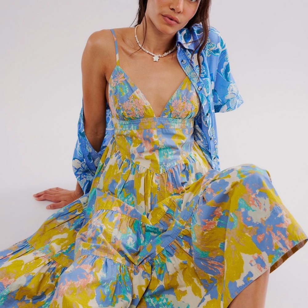 Long Love Midi Dress …Yellow and Blue Sleeveless Spaghetti Strap Sundress